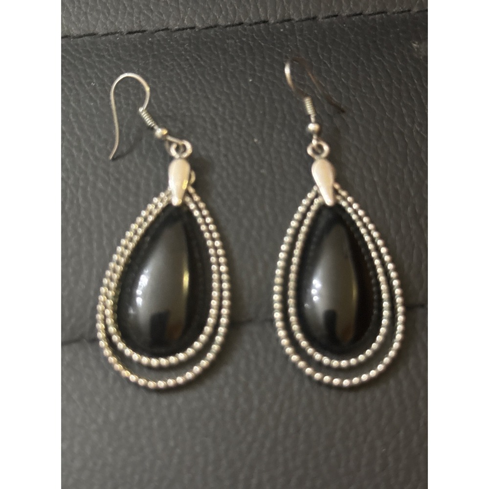 SoCute925 Sterling Silver Hematite Teardrop Earrings Dangle Double Bead Border